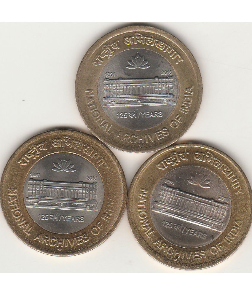     			NUMISMATTECLY  RARE AND COLLECTIBLE -TEN RUPEE -125TH YEAR OF NATIONAL ARCHIVES OF INDIA-BI-METALIC.YEAR-2016 -THREE -MINT COMPLETE SET-BOMBAY-NOIDA-HEDRABAD  GREAT COMBO OFFER, IN EXTRA FINE TO  UNC MIX, CONDITION HIGHLY COLLECTIBLE ,WIGHT-7.71-GRAMS PER