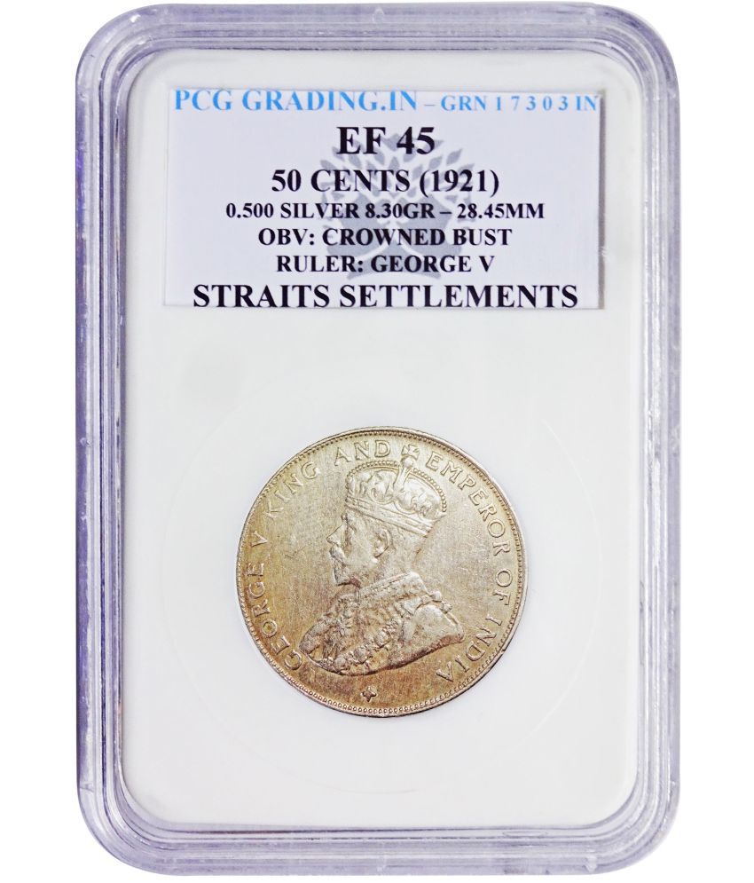     			(PCG Graded) 50 Cents (1921) Obv: Crowned Bust Ruler: George V Straits Settlements PCG Graded Silver Coin