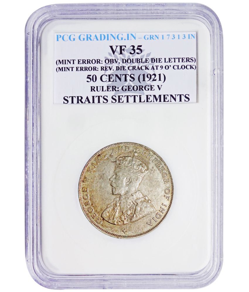     			(PCG Graded) (Mint Error: Obv. Double Die Letters)(Mint Error: Rev. Die Crack at 9'O Clock) 50 Cents (1921) Ruler: George V Straits Settlements PCG Graded Silver Coin