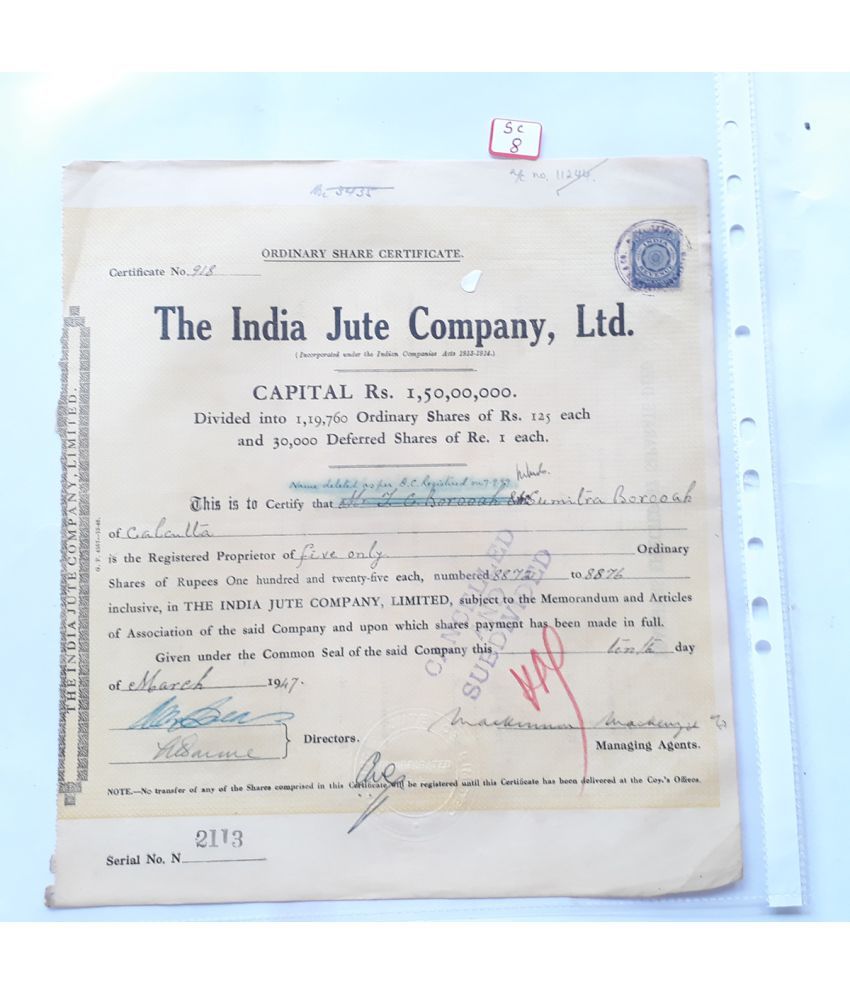     			THE INDIA JUTE COMPANY , LTD - 1947 - REVENUE STAMP BRITISH INDIA PERIOD - SHARE CERTIFICATE