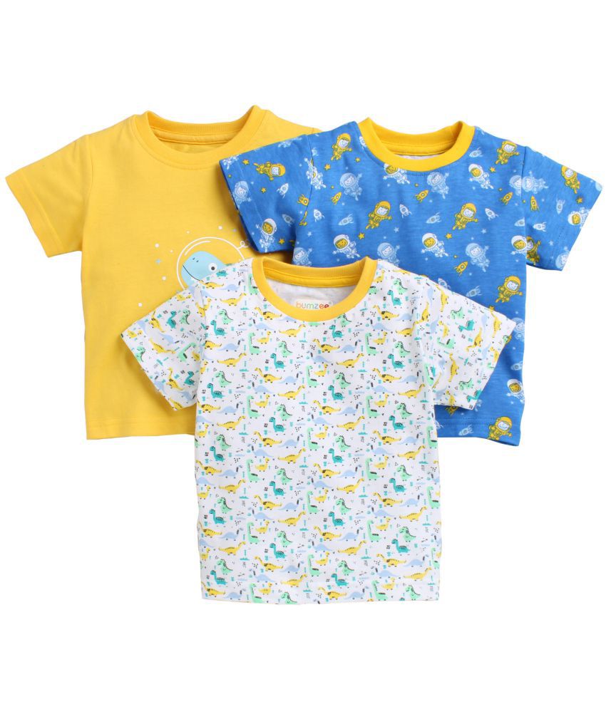 BUMZEE Yellow & Blue Half Sleeves Boys T-Shirt Pack Of 3 Age - 4-5 Years