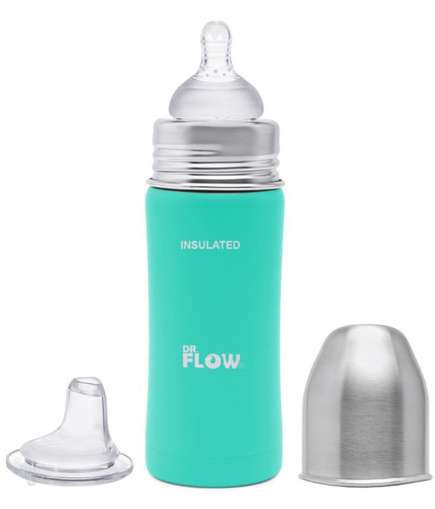 Dr.Flow 2in1 Omega Insulated ThermoSteel Baby Feeding Bottle 270ml/9oz |100% Plastic free &  Non-Toxic Stainless Steel | 304 (18/8) Grade Stainless Steel | Anti Colic Silicone Teat |  DF9004, Green Color | Silicone Teat & Sippy Spout Combo