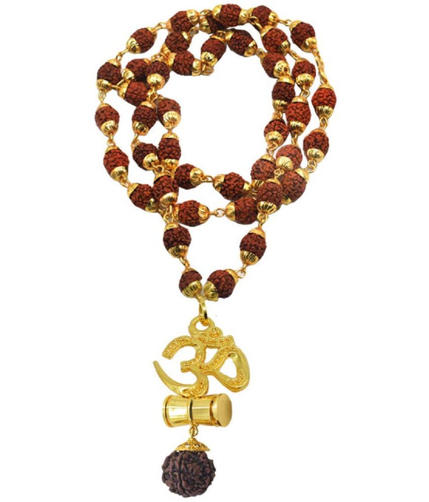     			PAYSTORE Religious Om Damaru Locket With Gold Plated Cap Panchmukhi Rudraksha Mala Gold And Brown Brass And Wood Religious Jewellery Pendant Necklace Chain For Men And Women