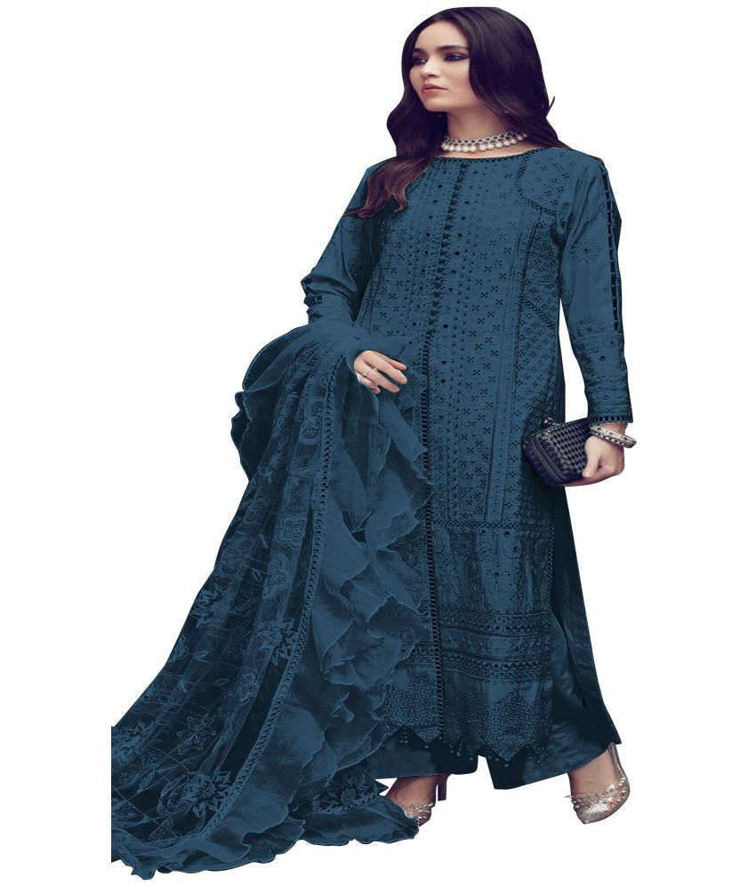ZARIN TRENDZ Blue Cotton Pakistani Semi-Stitched Suit - Single