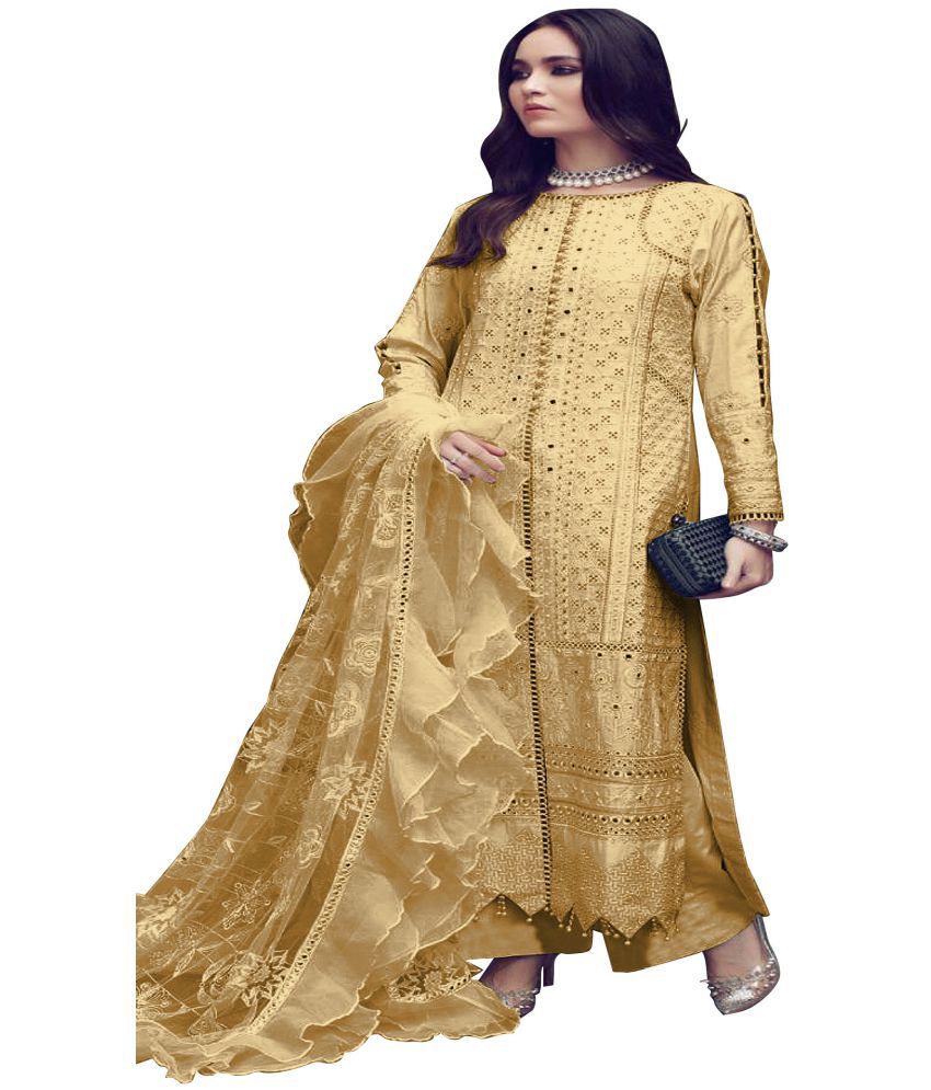 ZARIN TRENDZ Yellow Cotton Pakistani Semi-Stitched Suit - Single