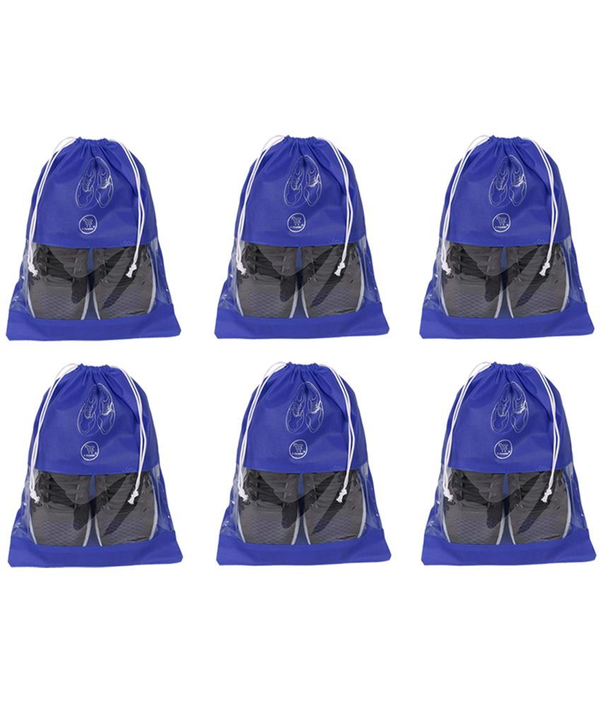     			E-Retailer Non Woven Fabric Travelling Shoe Organising Bag with Transperent Window for Boots & High Heel- Pack of 6pc, Blue, (15x12 Inches)