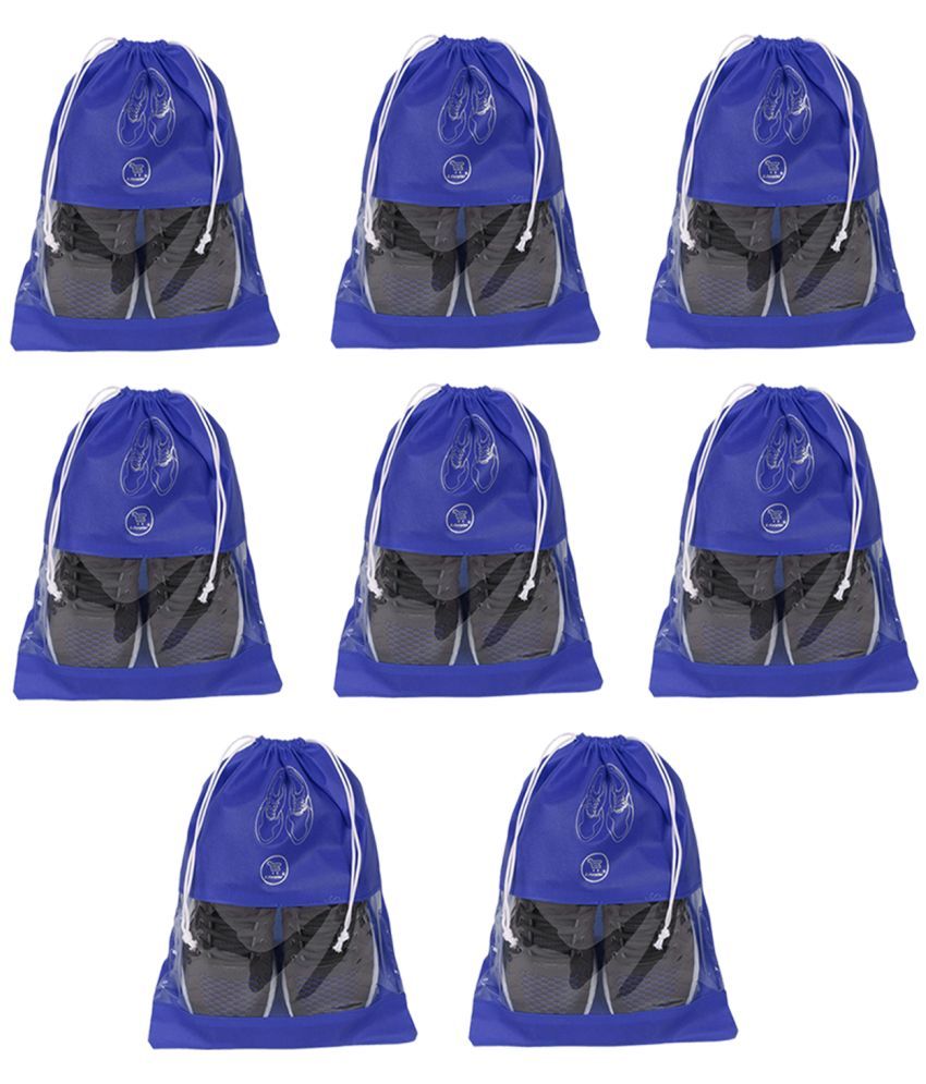     			E-Retailer Non Woven Fabric Travelling Shoe Organising Bag with Transperent Window for Boots & High Heel-Pack of 8Pc, Blue, (15x12 Inches)