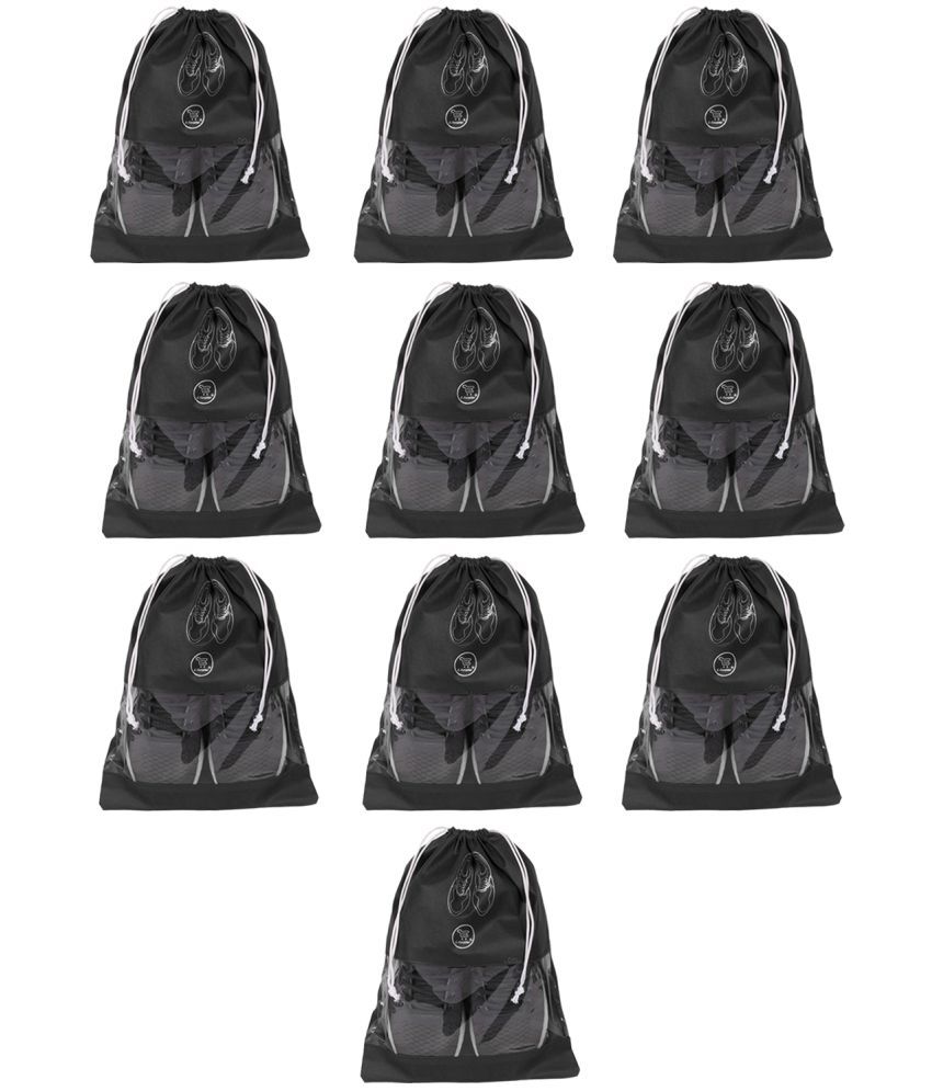     			E-Retailer Non Woven Fabric Travelling Shoe Organising Bag with Transperent Window for Boots & High Heel-Pack of 10Pc, Black, (15x12 Inches)