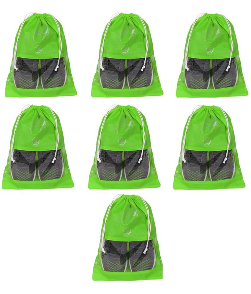     			E-Retailer Non Woven Fabric Travelling Shoe Organising Bag with Transperent Window for Boots & High Heel-Pack of 7pc, Green, (15x12 Inches)