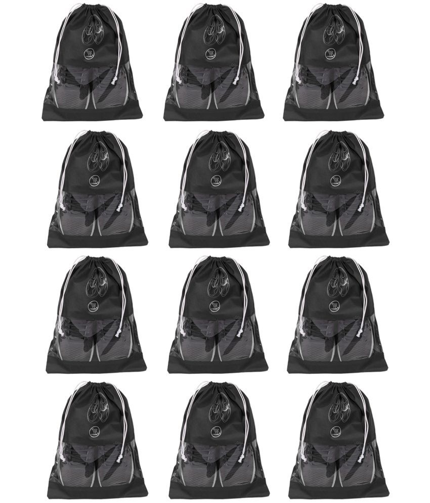     			E-Retailer Non Woven Fabric Travelling Shoe Organising Bag with Transperent Window for Boots & High Heel-Pack of 12, Black, (15x12 Inches)