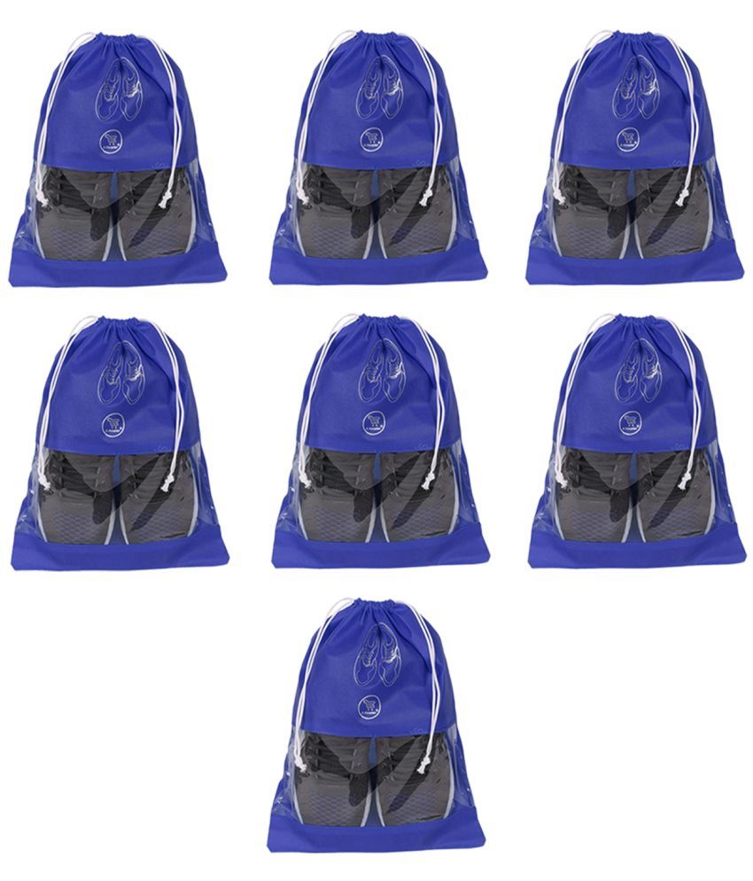     			E-Retailer Non Woven Fabric Travelling Shoe Organising Bag with Transperent Window for Boots & High Heel-Pack of 7pc, Blue, (15x12 Inches)