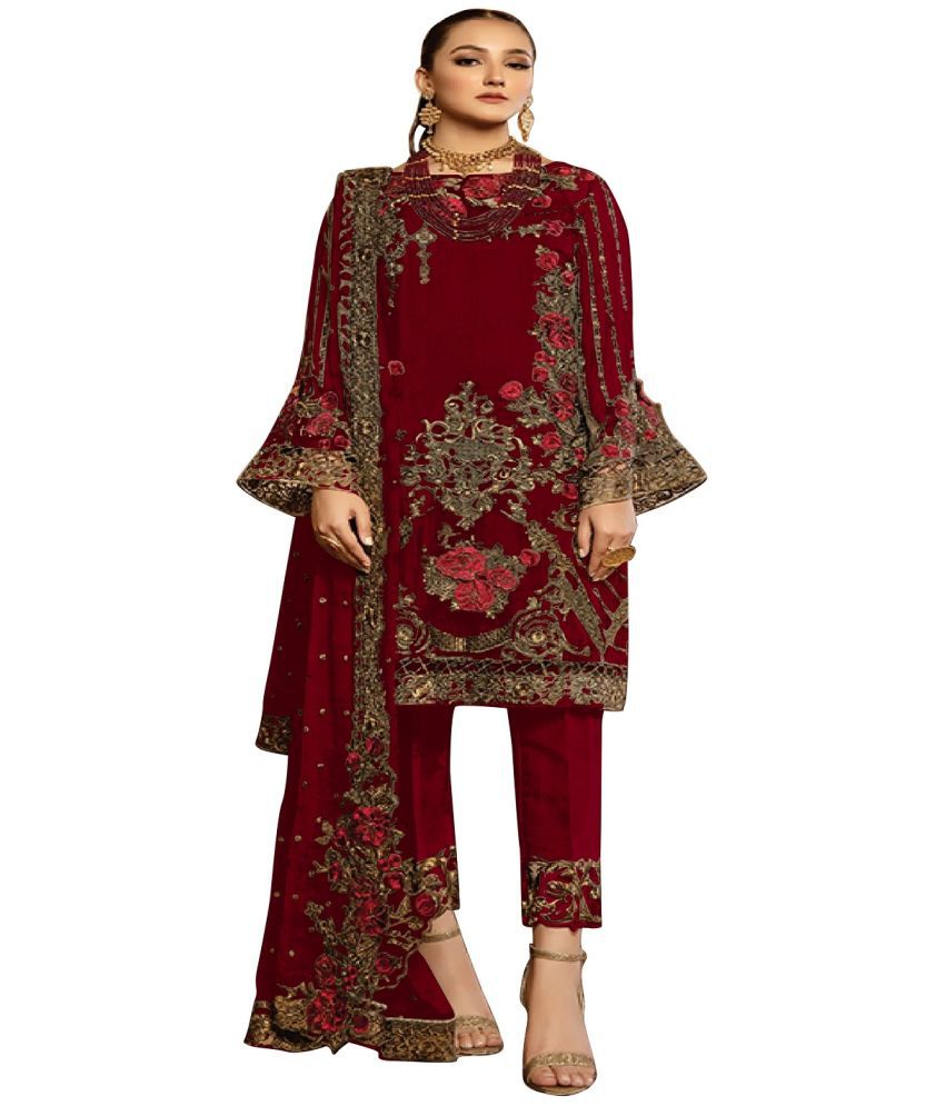 ZARIN TRENDZ Maroon Georgette Pakistani Semi-Stitched Suit - Single