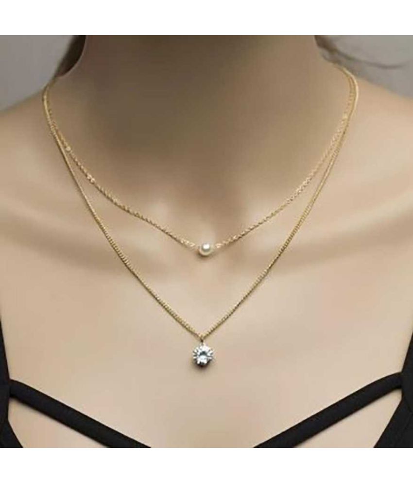     			American Diamond and White Pearl 2 Layer Necklace Golden Satari Chain Pendant for Women and Girls