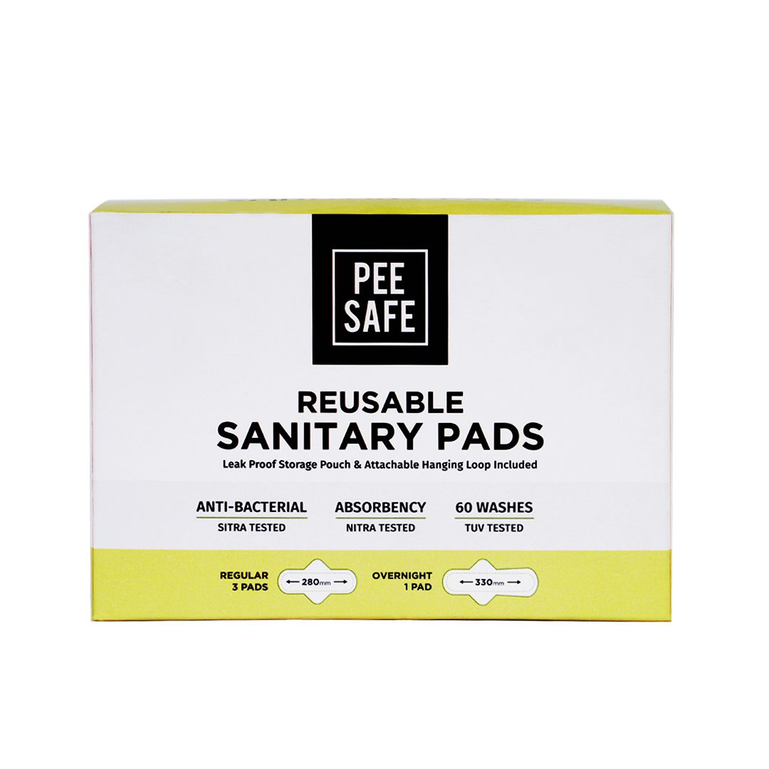     			Pee Safe Reusable Sanitary Pads | Anti-Bacterial | Superb Absorbency | Lasts Up To 60 Washes | 3 Regular Pads + 1 Overnight Pad + 1 Leak Proof Pouch | Skin Friendly |  Comfortable & Easy TO Use | Pack of 4
