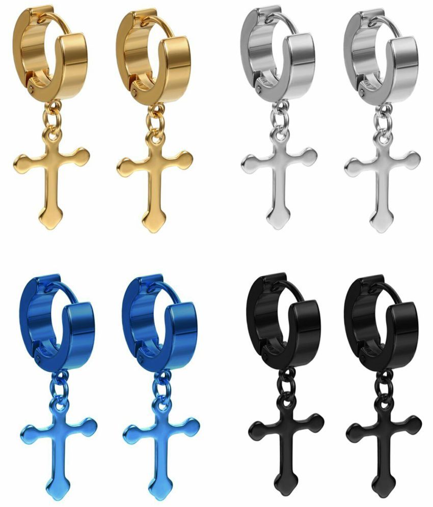     			Men Women Stainless Steel Cross Dangle Hoop Huggie Hinged Stud Earrings Ear 4PAIR