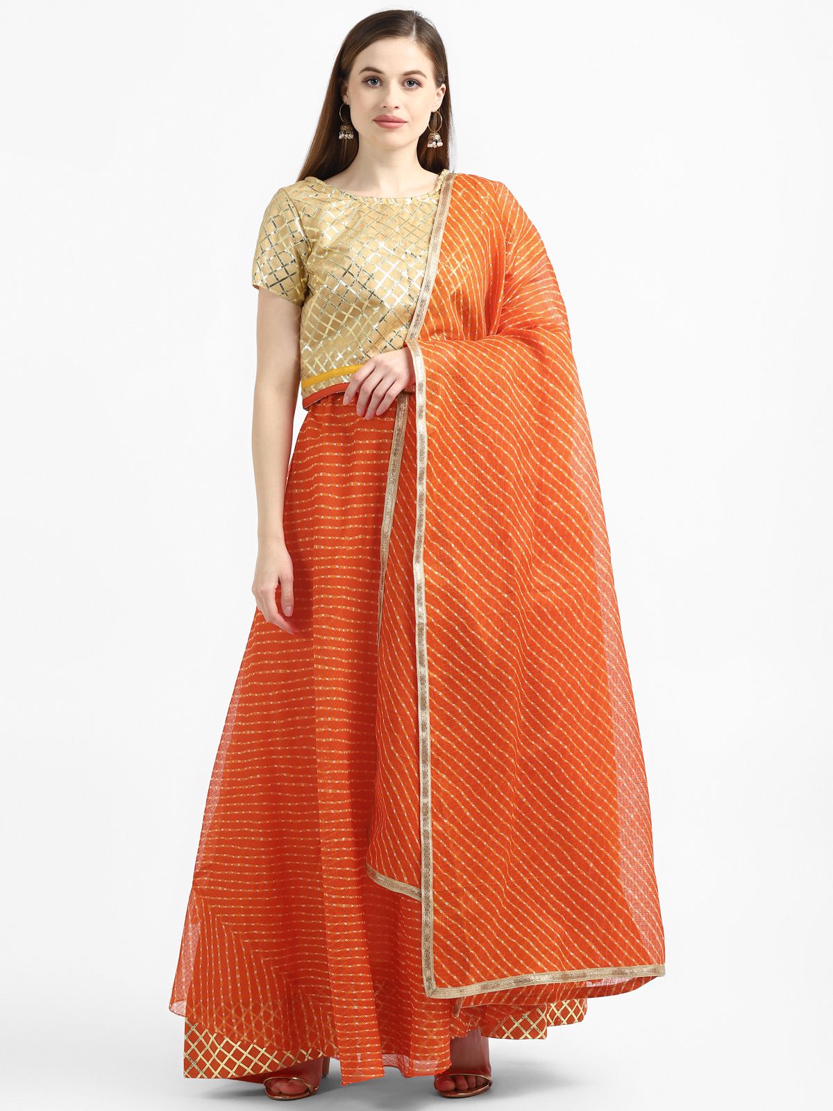 Sherine Orange Cotton Silk Chaniya Choli Stitched Lehenga Single