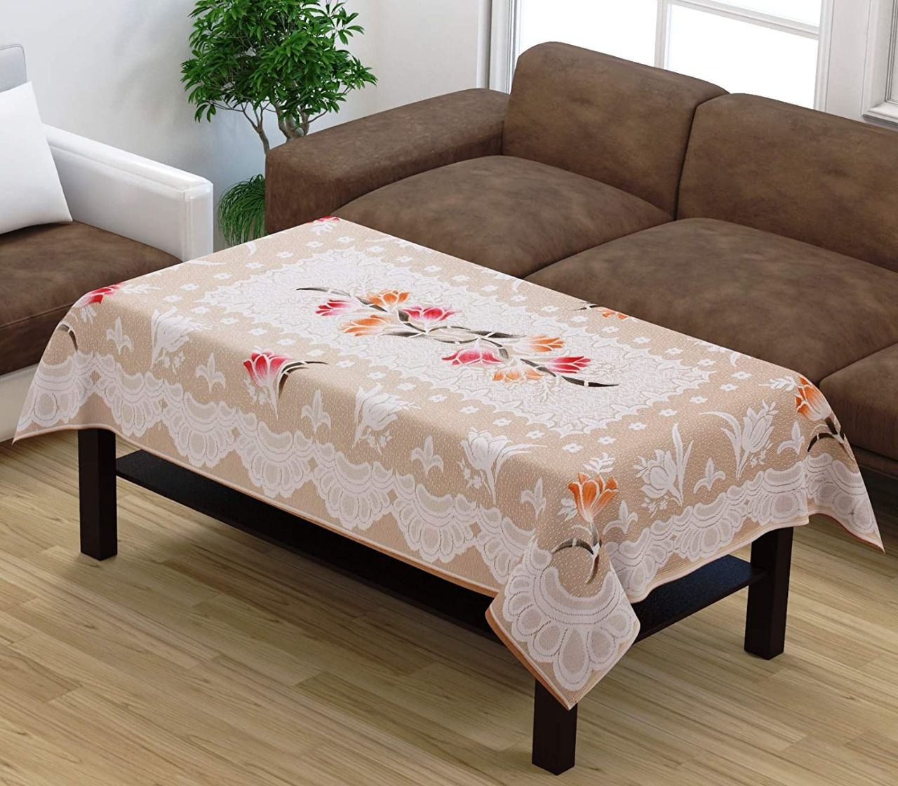 Dakshya Industries Floral Polyster 4 Seater Center Table Cover (Cream - 40x60 Inches)