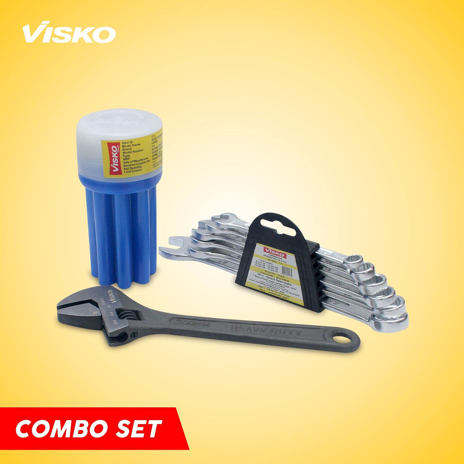 Visko Hand Tools Combo , 815 Tools Combo With 331 Phosphate Finish Single Sided Open End Wrench ,111 8 Blades Combination Screwdriver Set with Tester (9-Pieces) and S027 Recessed Panel Double Sided Combination Wrench (Pack of 6)