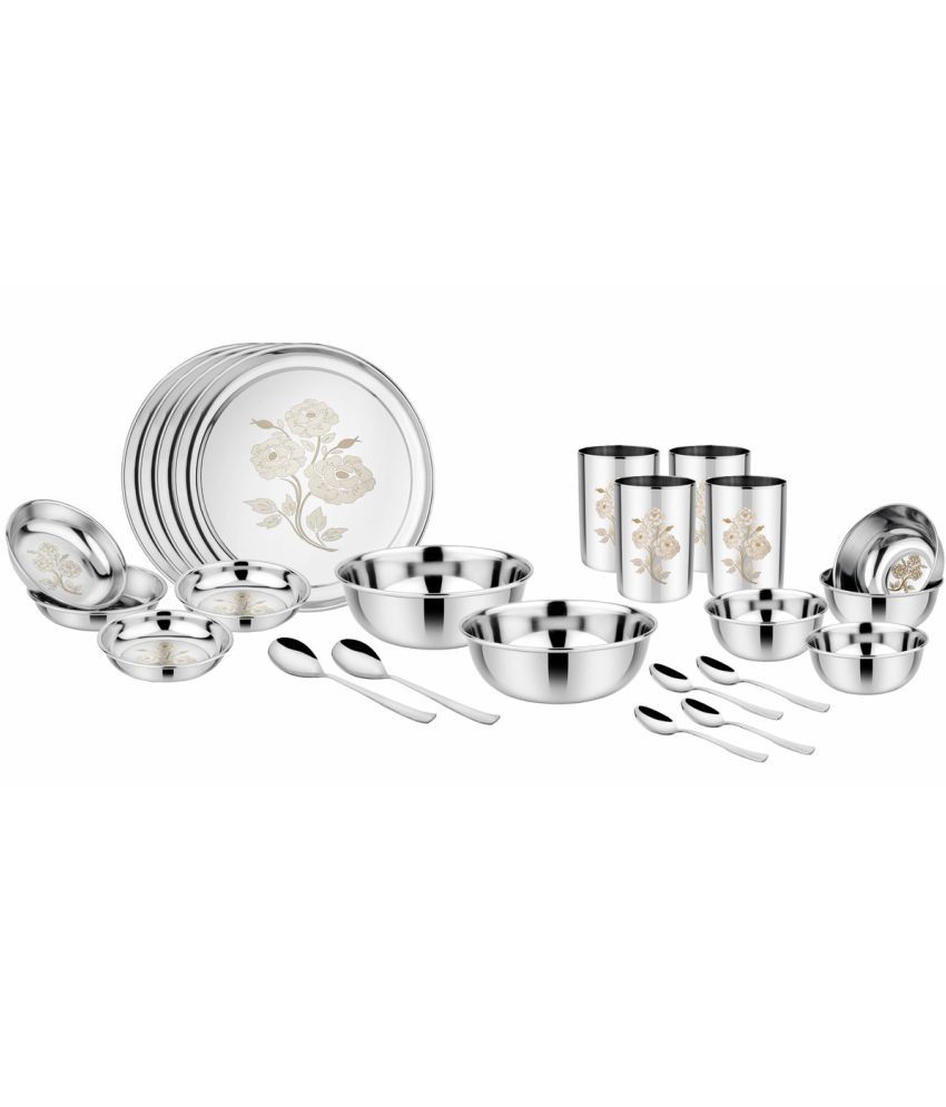 Kitchen pro Laser Engraved Rose Stainless Steel Dinner Set of 24 Pieces