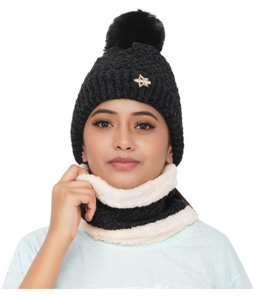     			PENYAN Girls Black Woollen Caps For Winter ( Pack of 1 )