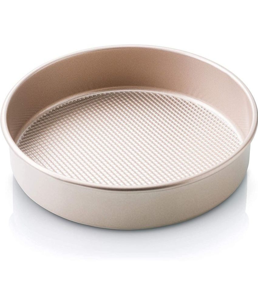 Round Cake Tin for Baking in Microwave Oven Textured Base Carbon Steel Nonstick Bakeware Cake Mould - 8 Inch - Gold - Pack of 1