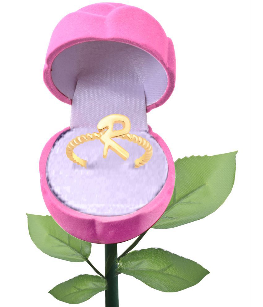     			Vighnaharta Stylish R Letter Gold- Plated Alloy Ring With Pink ROSE Ring Box Valentine Rose pink Rose Box cz american Diamond for girlfriend Rose plastic rose for women and girls