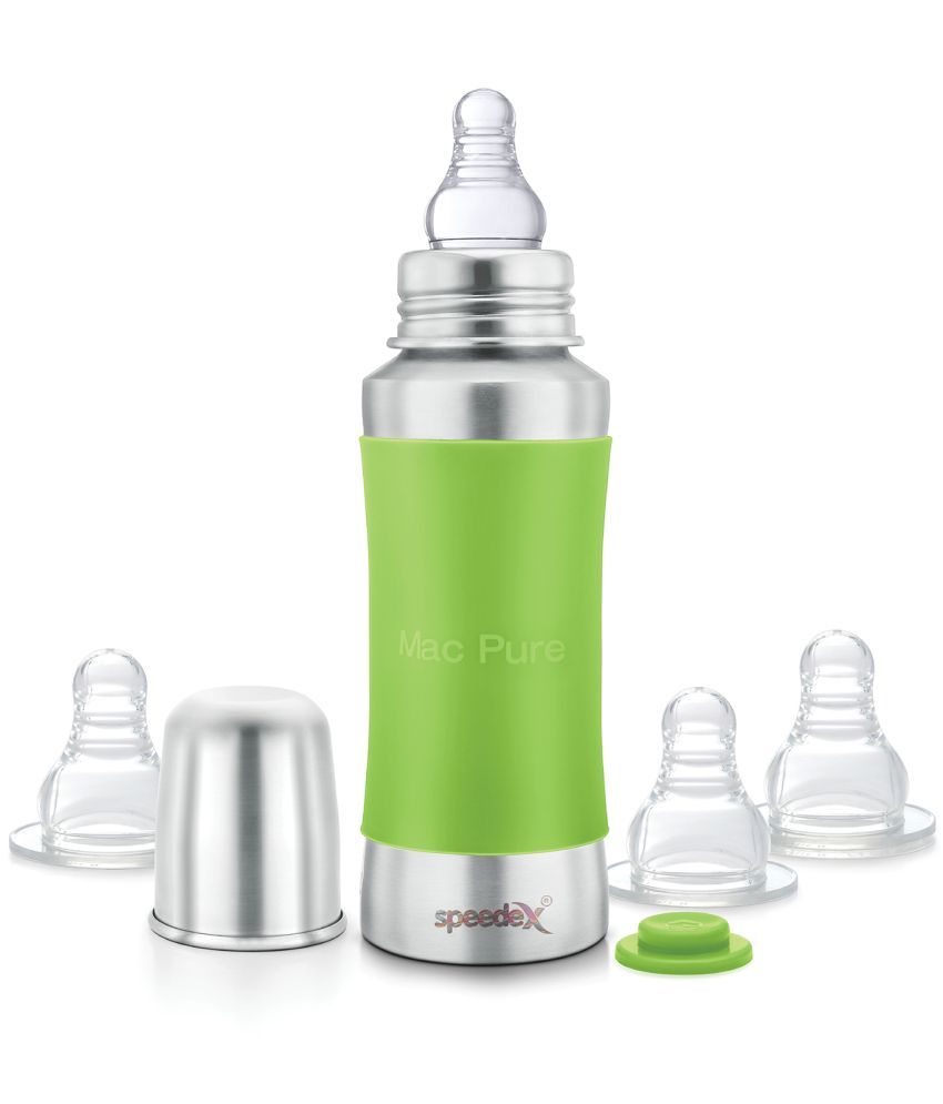     			Speedex Stainless Steel Baby Feeding Bottle with Internal ML Marking, Silicon Stopper & Silicon Grip (240 ml) (3 Extra Nipple Free)