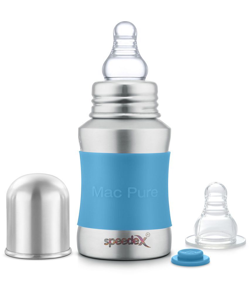     			Speedex Stainless Steel Baby Feeding Bottle with Internal ML Marking, Silicon Stopper & Silicon Grip (150 ml) (1 Extra Nipple Free)