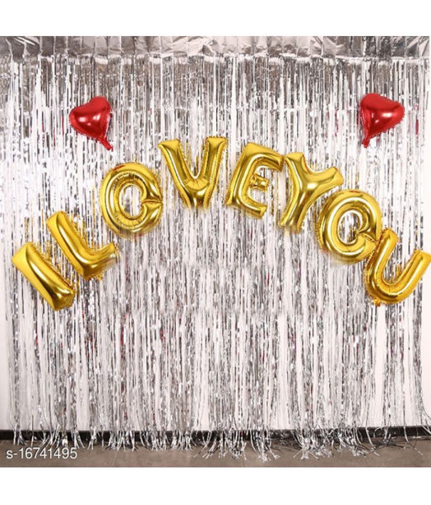     			Kiran Enterprises I Love You Foil Letter Balloon ( Gold ) + 2 Red Heart Foil Balloon + 2 Silver Fringe Curtain