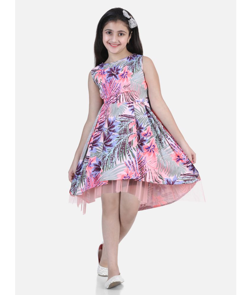     			StyleStone Girls Pink and Blue Printed Hi-Lo Dress with Net Inset