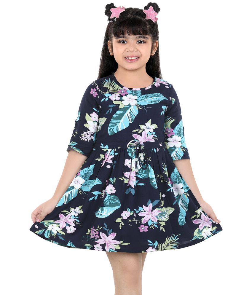     			Naughty Ninos Girls Navy Blue Floral Printed Fit & Flared Dress