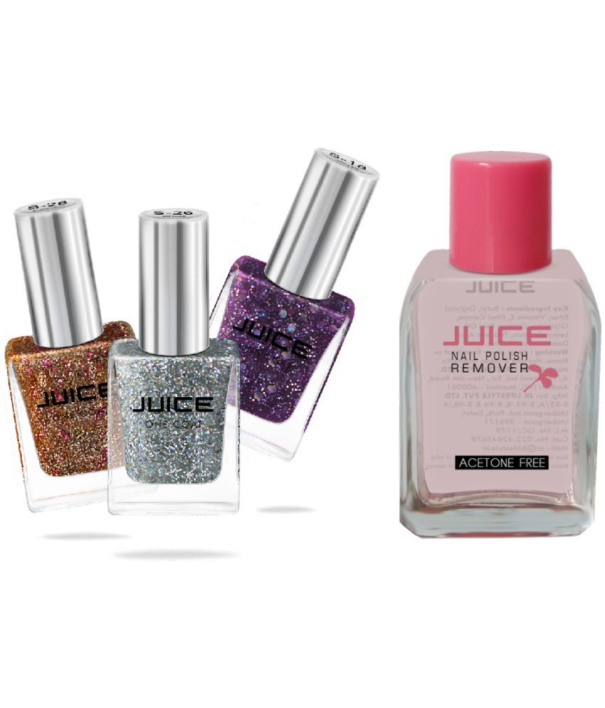     			Juice VIOLET,GOLDEN,SILVER & 1 REMOVER Nail Polish S18,S26,S28 Multi Shimmer Pack of 4 68 mL