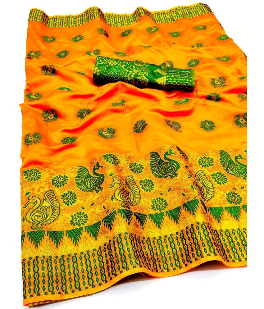     			PRIHAL ART Orange Banarasi Silk Saree - Single