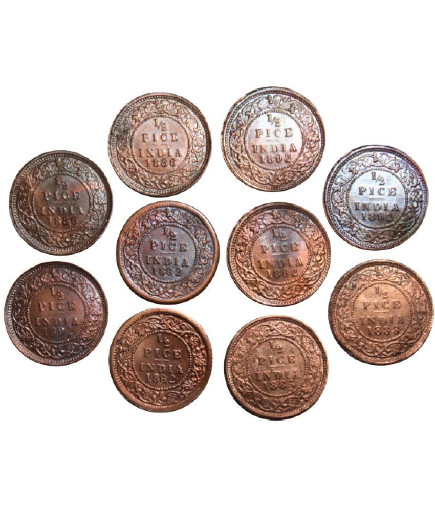     			(Set of 10) 1/2 Pice (Mix Year) British India Pack of 10 Old Fancy Coins