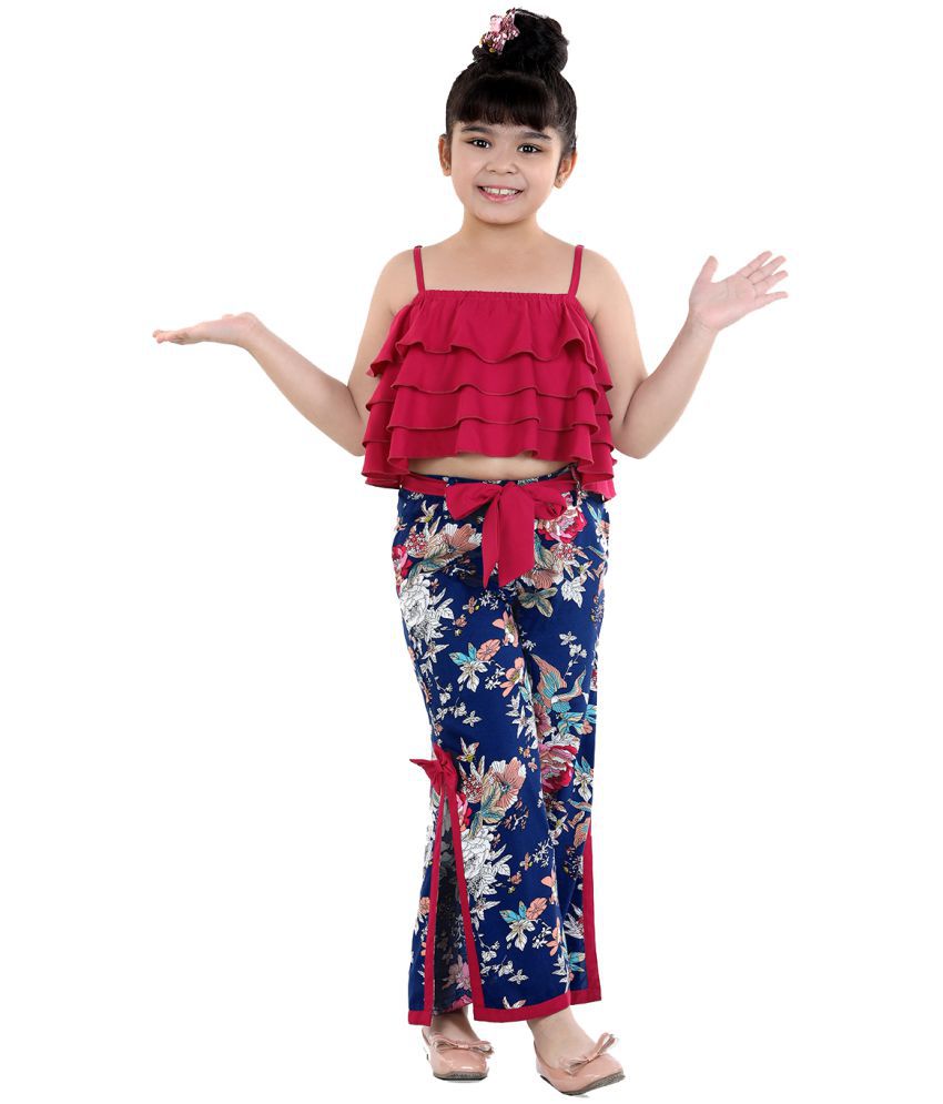     			Naughty Ninos Girls Red Solid Top with Navy Blue Palazzo