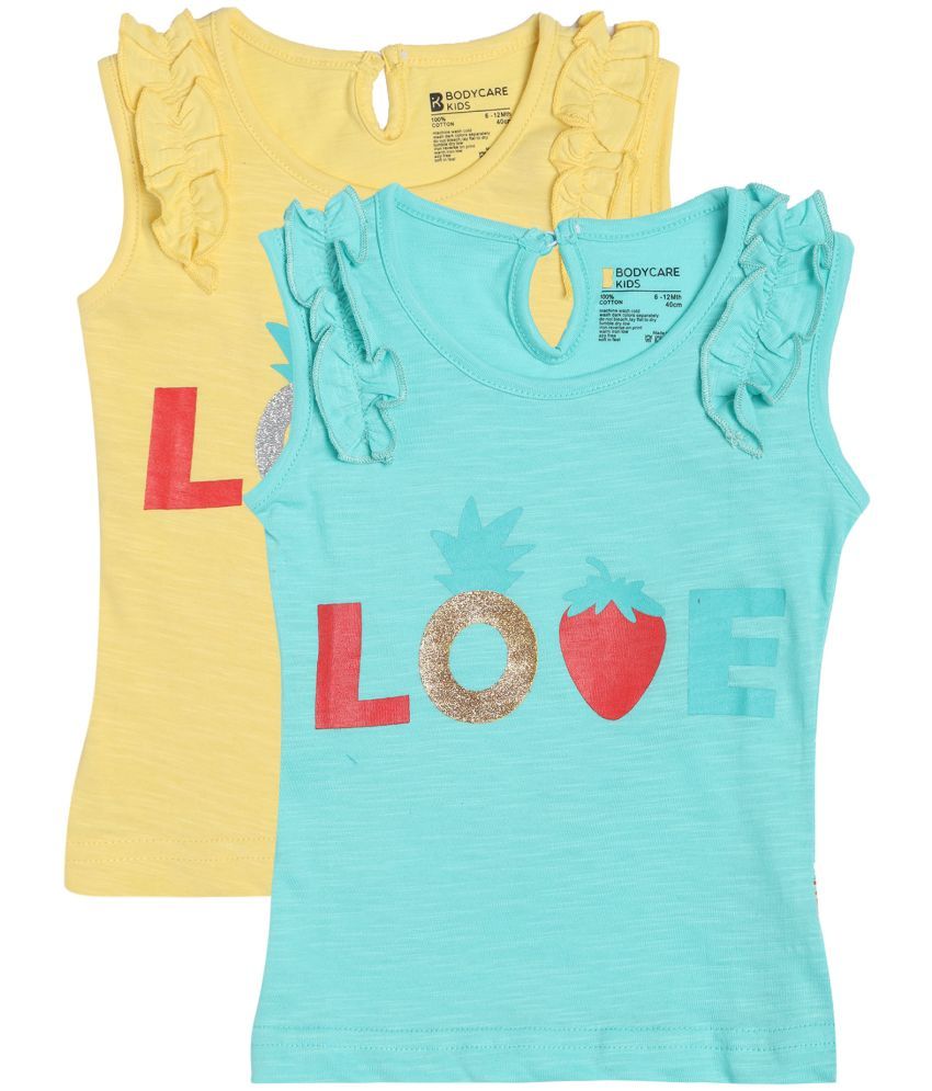     			GIRLS TSHIRT ROUND NECK SLEEVELESS SOLID GREEN & YELLOW PACK OF 2