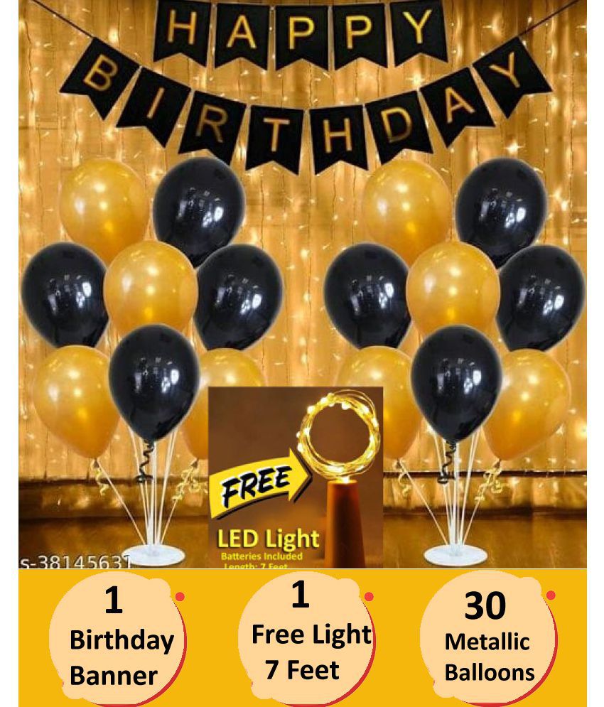     			Happy Birthday Banner (Black)+ 30 Metallic Balloons (Gold, Black) + FREE 1 pc. LED Light With Battery (7 Feet) for happy birthday decoration item, birthday decoration kit, birthday balloon decoration combo for Boys, Girls, Kids, husband and Wife.