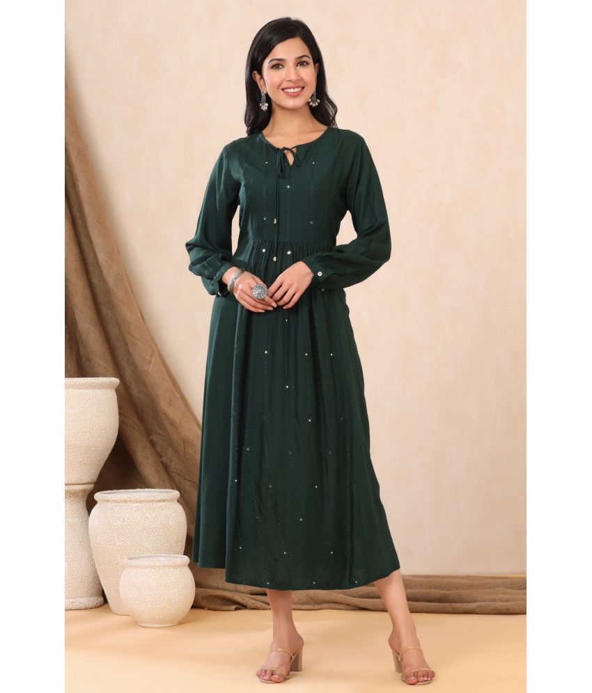     			Juniper Rayon Green A- line Dress - Single