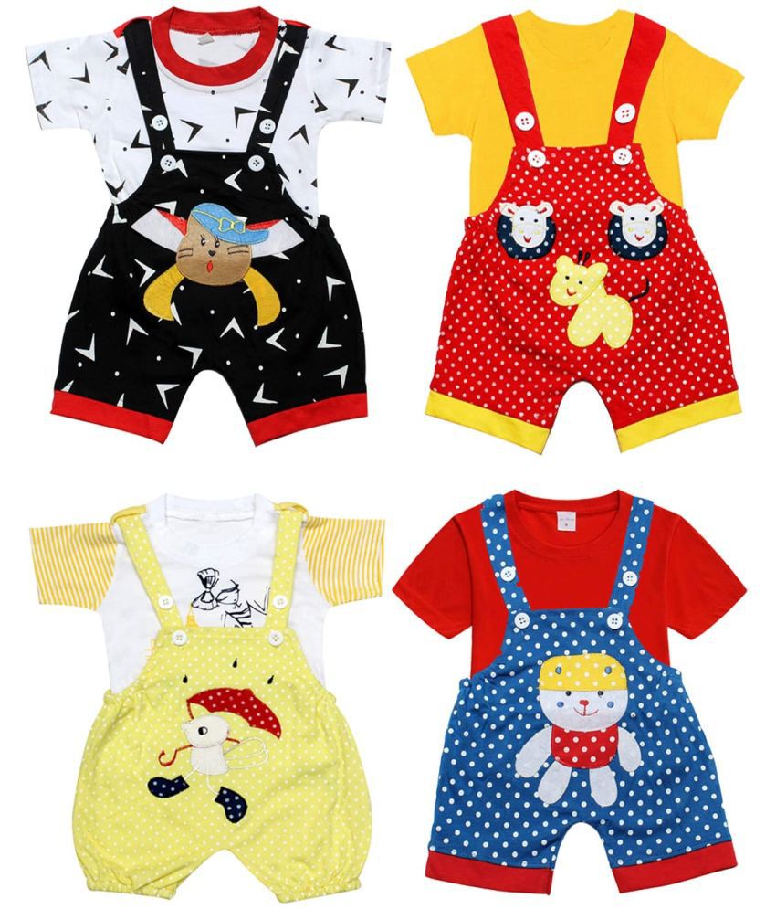     			babeezworld Baby Boy's & Baby Girl's Cotton Dungaree Romper (Multicolor, 3-6 Months) Pack Of 4