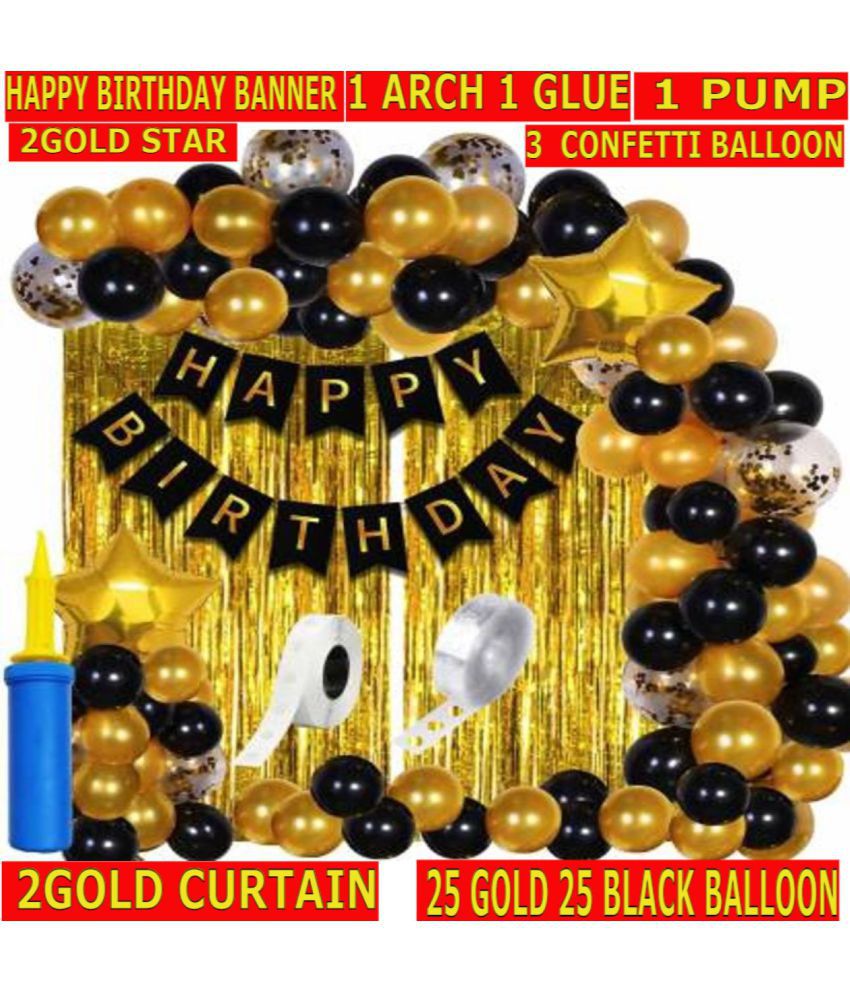     			KR Happy Birthday Decoration Kit Combo - 61pcs Birthday Banner Golden Foil Curtain Metallic Confetti Balloons With Hand Balloon Pumo And Glue Dot for Boys Girls Wife Adult Husband Mom Dad/Happy Birthday Decorations Items Set