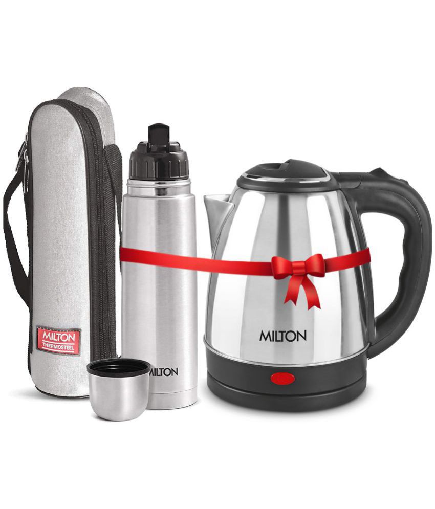     			Milton Combo Set Go Electro 1.2 Ltrs Electric Kettle and Flip Lid 750 ml- Silver Thermosteel Hot or Cold Stainless Steel Water Bottle with Jacket