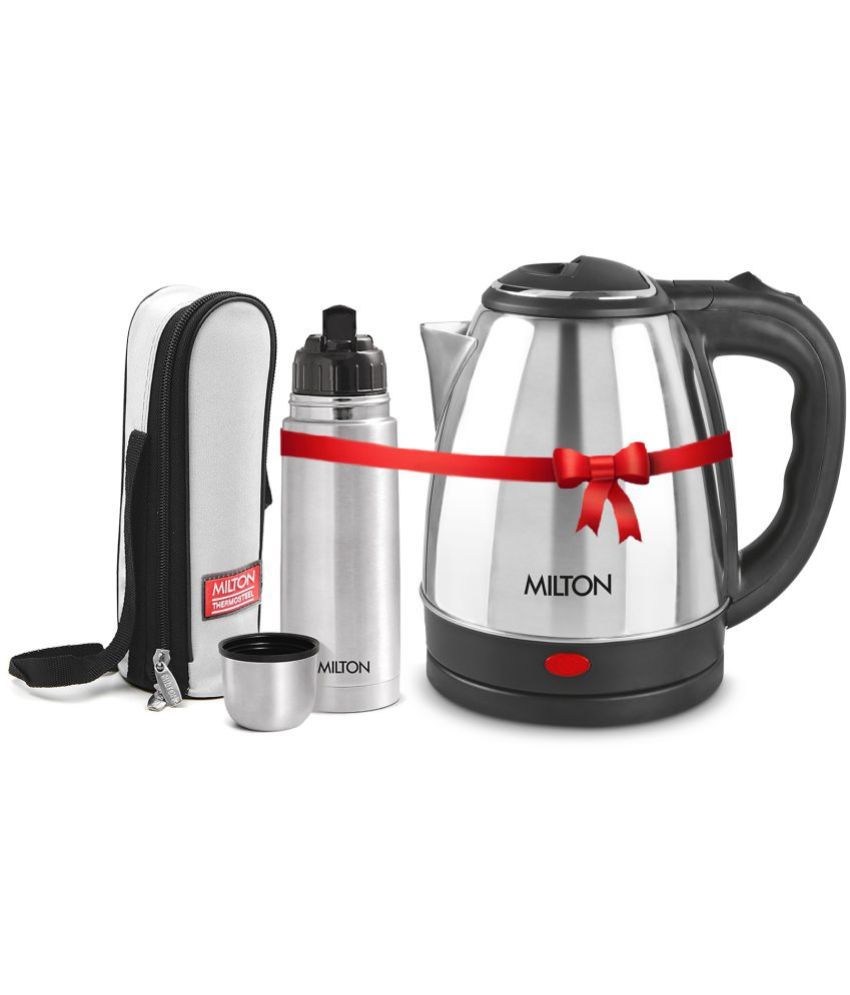 Milton Combo Set Go Electro 1.2 Ltrs Electric Kettle and Flip Lid 350 ml- Silver Thermosteel Hot or Cold Stainless Steel Water Bottle with Jacket