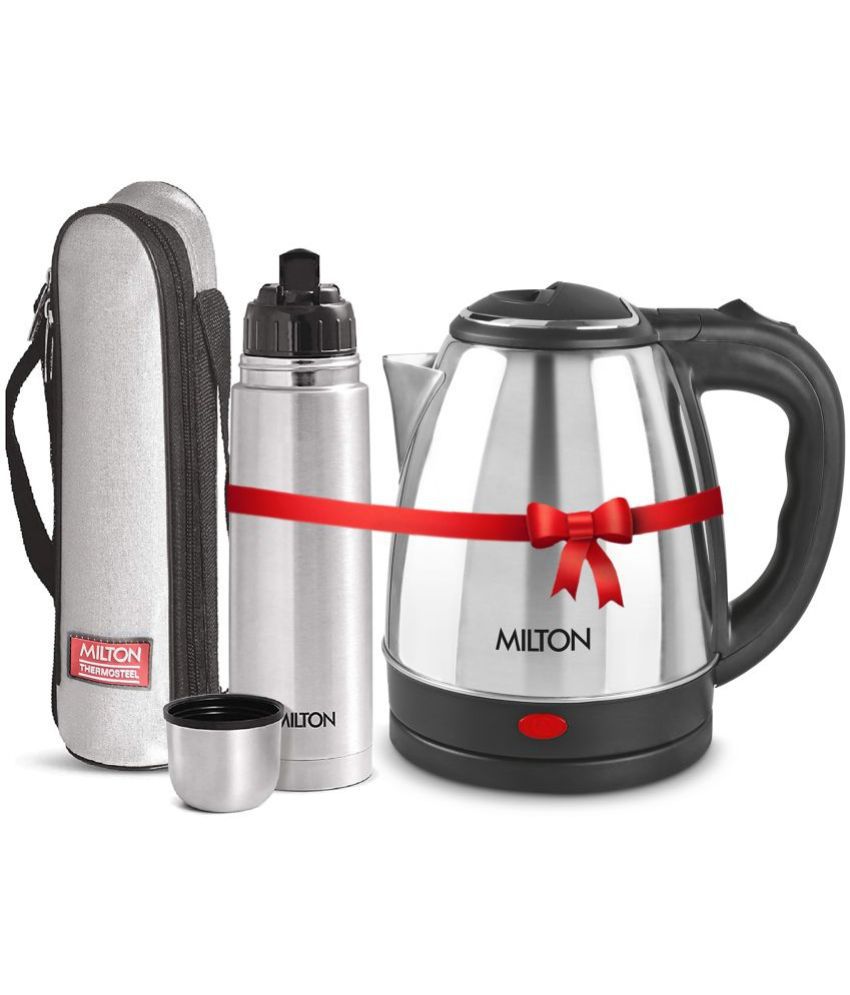     			Milton Combo Set Go Electro 2 Ltrs Electric Kettle and Flip Lid 1 Ltr- Silver Thermosteel Hot or Cold Stainless Steel Water Bottle with Jacket
