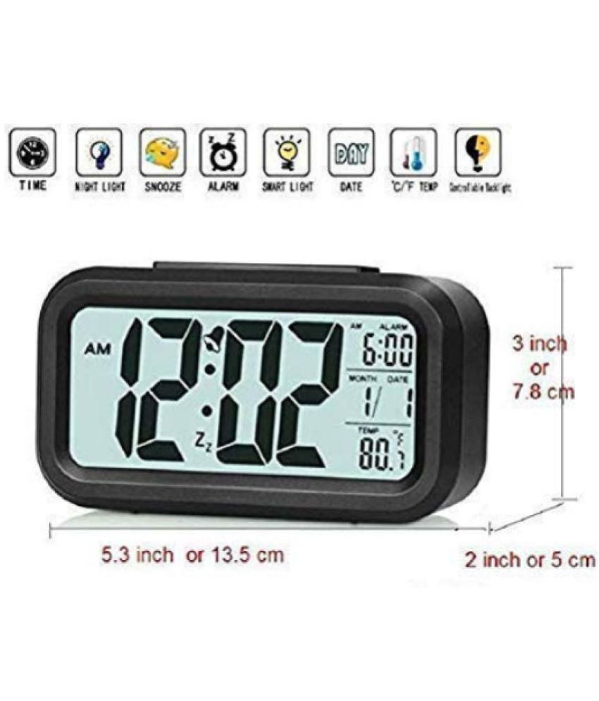     			Plastic Digital Smart Backlight Battery Operated Alarm Table Clock with Automatic Sensor, Date and Temperature (Black)