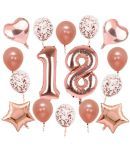 Blooms Event Rose gold Decoration Kit -  18  rose gold number foil balloon, 2Pcs rose gold star foil ballon, 2Pcs rose gold heart foil baloon, 5Pcs rosegold metallic balloon, 5Pcs rose gold confetti balloon.