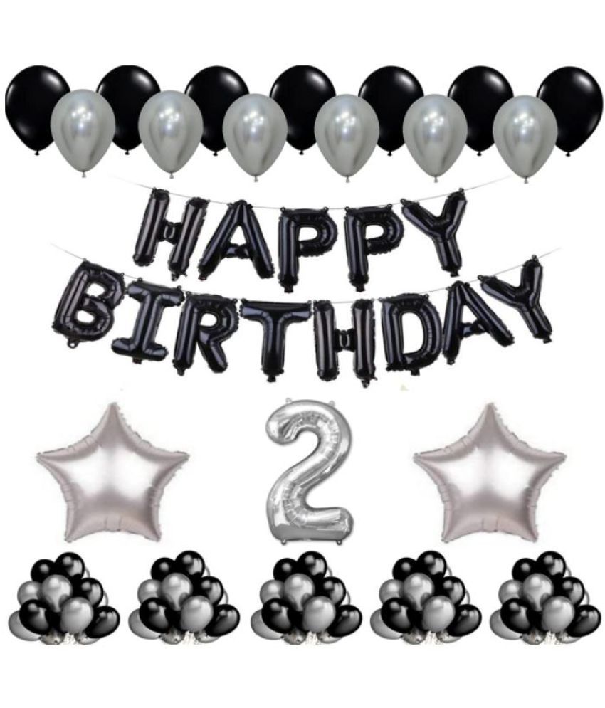     			Blooms Event 1 Set Happy Birthday Foil Balloons     Black Color , 2 Pcs silver  Foil Star , 50 Pcs Metallic Balloons   (Black &  Silver ),2 No. Foil Number Silver