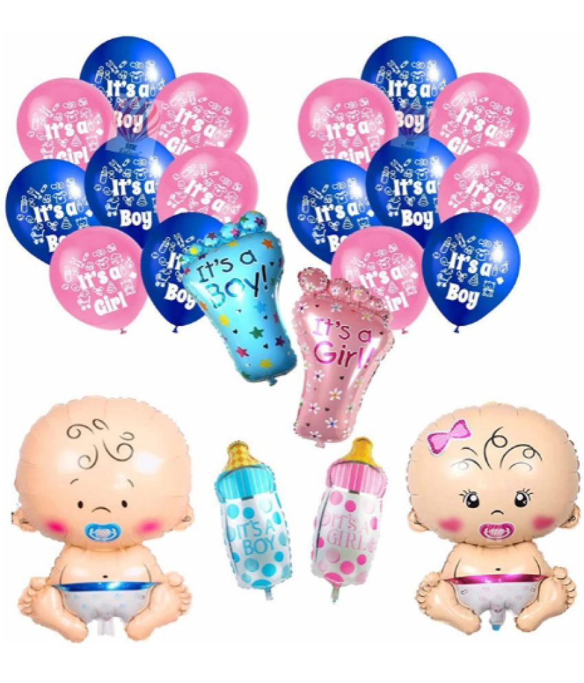     			Blooms Event  Pack of 36 Printed it’s a Girl Or Boy Balloons Combo - 15 ITs Boy balloons , 15 Its Girl Balloons, 2 Bottle shaped Foil balloons , 2 foot shaped foil balloons ,2 Baby shaped foil balloons