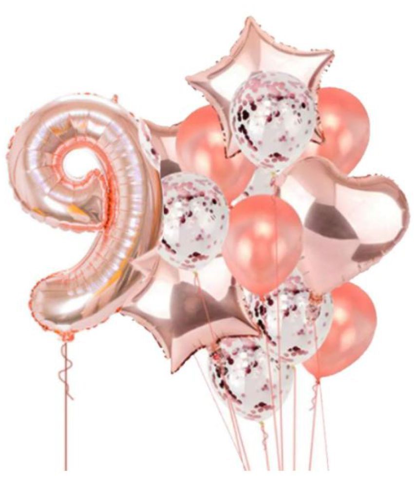     			Blooms Event Rose Gold special 9 No. rose gold foil 2 pcs of rosegold Heart foil, 2pcs of rosegold Star Foil ,5pcs Confetti Balloon , & 5pcs rosegold Latex Balloon