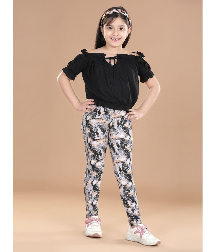     			StyleStone Girls Cotton Floral Printed Jegging and Black Top Set