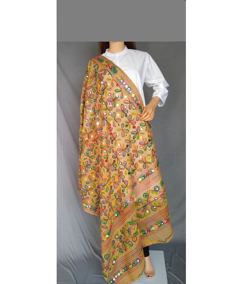     			Apratim Beige Cotton Kutch Embroidered Dupatta - Single